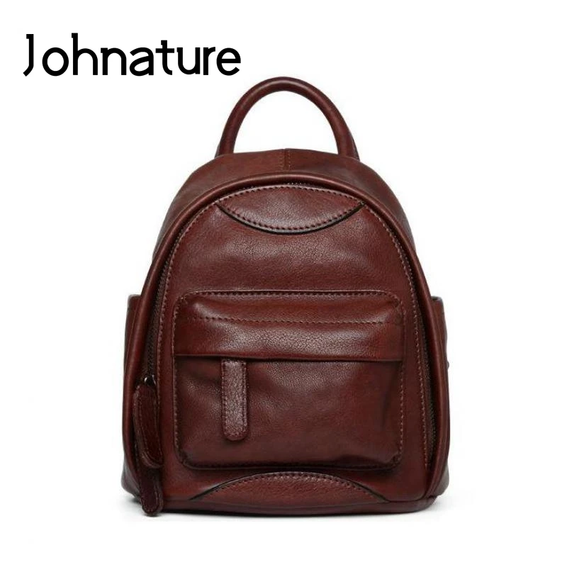 Johnature Genuine Leather Vintage Women Bag Large Capacity Backpack 2024 New Simple Nature Soft Cowhide Leisure Travel Bags