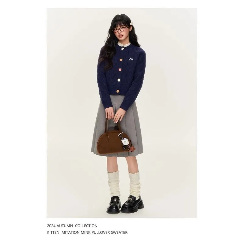 سترة صوفية قصيرة بأزرار مطرزة للخريف والشتاء، سترة محبوكة برقبة دائرية رفيعة #6