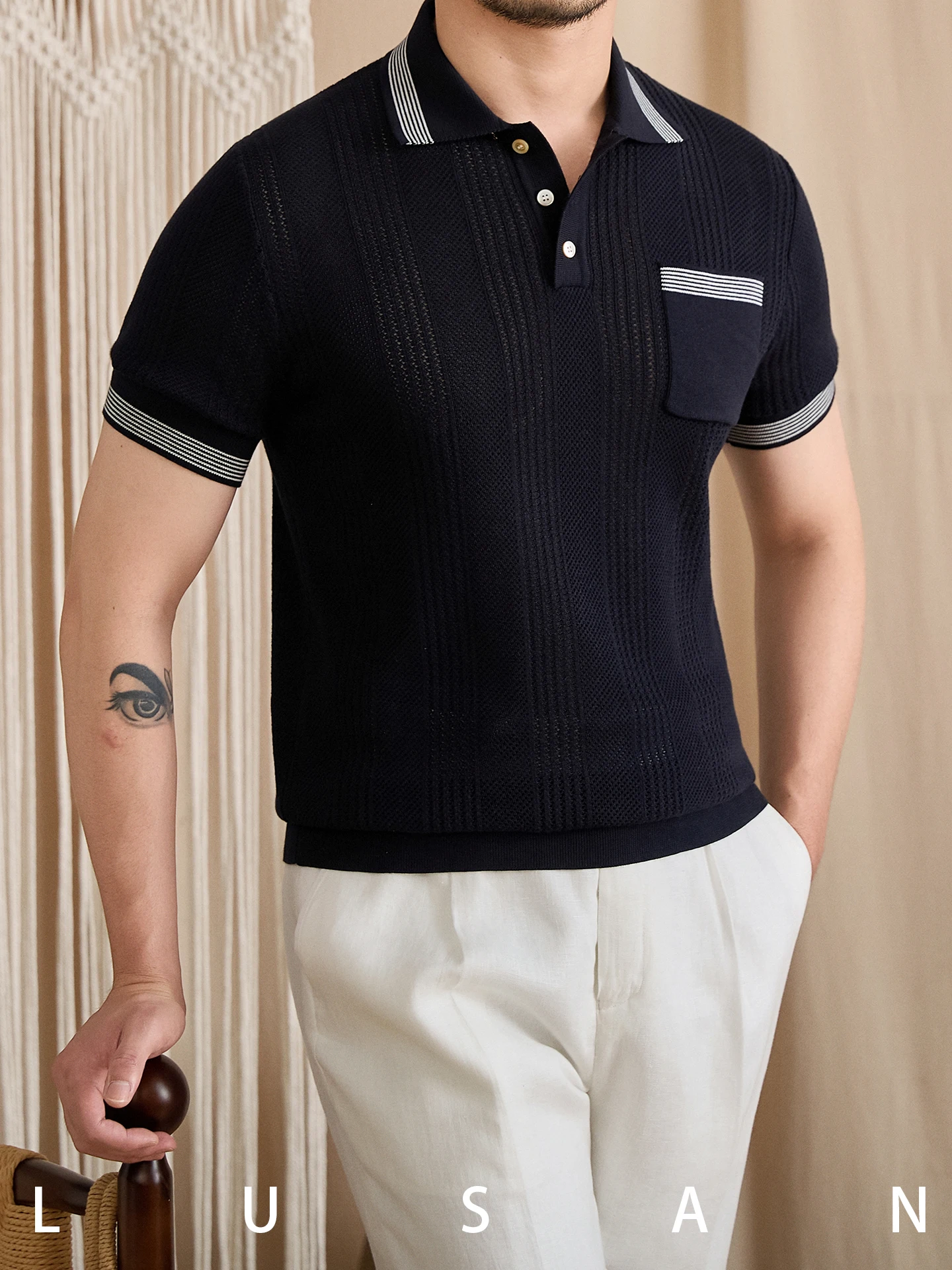High-End Summer New Luxury Pure Cotton Hollow Breathable Lapels T-shirt Commute Leisure Niche Young