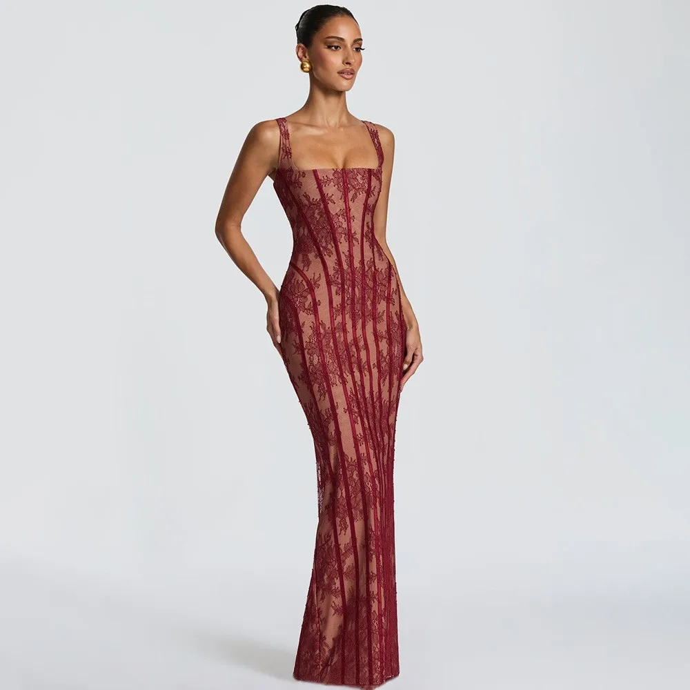 Elegant Low Cut Lace Trim Belted Sexy Wrap Bodycon Dress Women's High Waist Vertical Strips Crossbody Sling Dress for Shopping