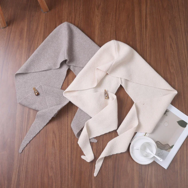 

Шаль с капюшоном из 100% шерсти с роговой застежкой, универсальная шапка из чистой шерсти и шарф для тепла, вязаная шапка на одной кнопке, многослойный драгоценный камень