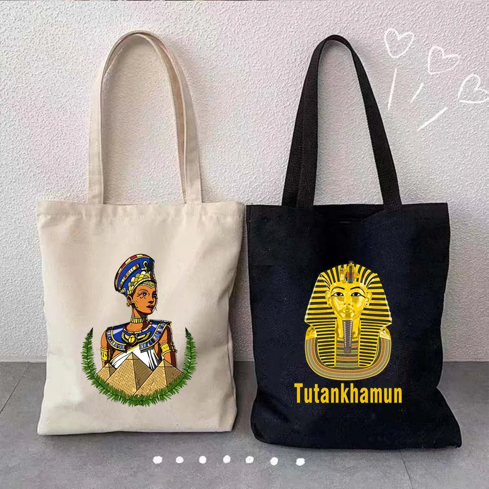 Ancient Egypt Landscape Totem Pharaoh Canvas Shopping Tote Bag Queen Atum Egyptian Pyramids Eye Of Horus Cotton Shopper Handbags