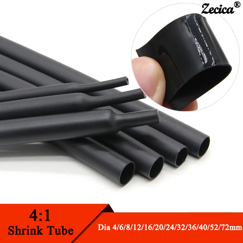 

Black 4:1 Heat Shrink Tube Dual Wall Tubing Diameter 4 6 8 12 16 20 24 40 52 72mm Adhesive Lined Wrap With Glue Wire Protector