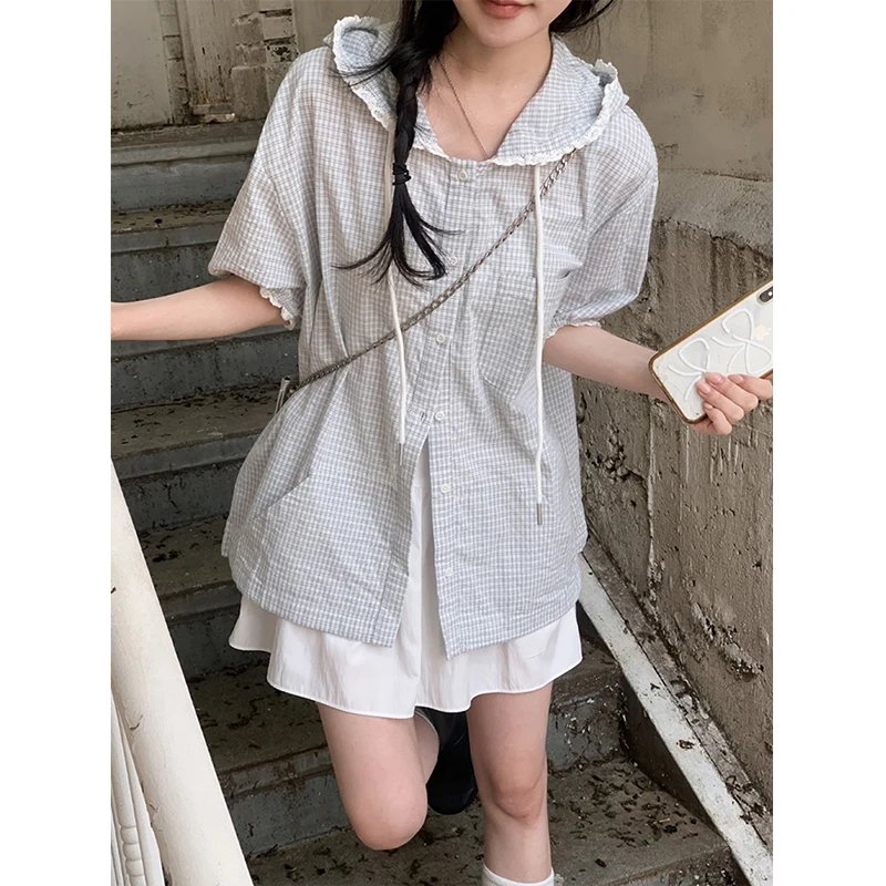 MEXZT Vintage chemises à carreaux femmes japonais Harajuku à capuche dentelle Patchwork Blouses été coréen à manches courtes hauts amples décontractés