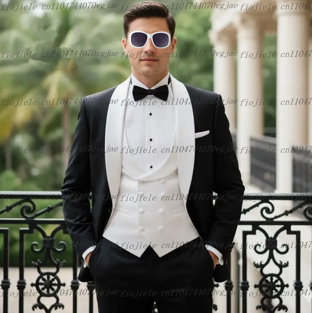 

New Black And White Men Suit Formal Wedding Party Groom Business Male Tuxedos Customized 3 Piece Set Jacket Vest Pants