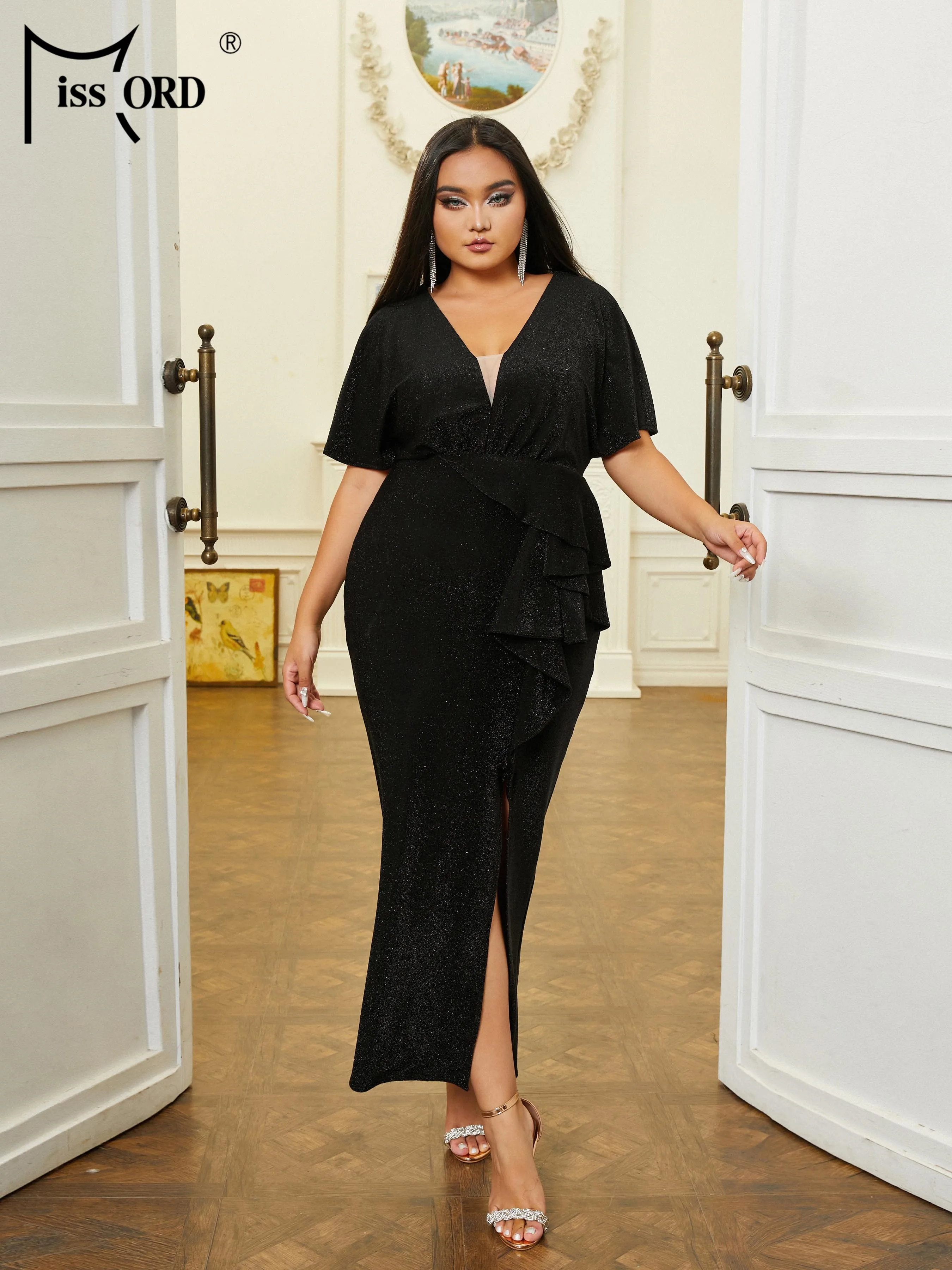 Missord New Plus Size Black V-Neck Short Sleeved Ruffled Professional Formal Occasion Dresses