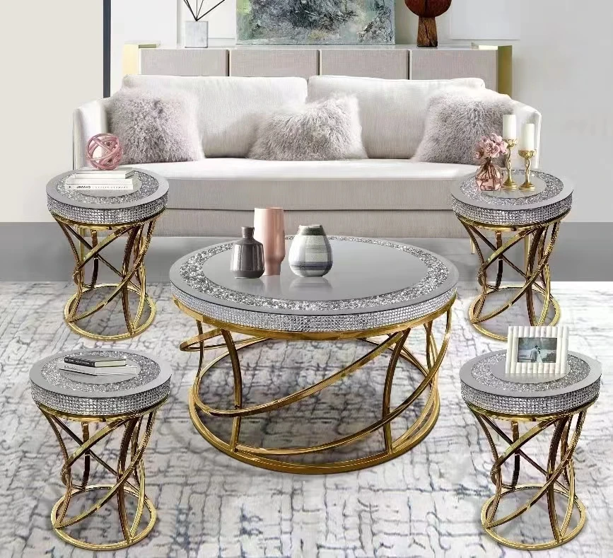 for Luxury Living Room Furniture Gold Stainless Steel Coffee Table Mirror Diamond Center Table Side Table Set