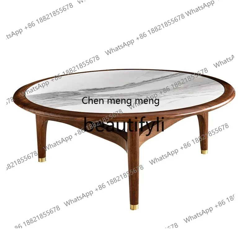 

Light luxury rock slab marble coffee table retractable solid wood round coffee table
