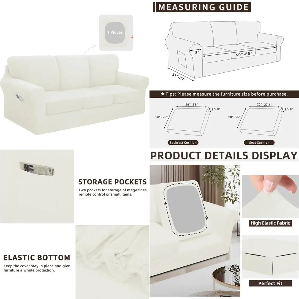 

Stretchable 7-Piece Washable Couch Cover Set for 3-Cushion Sofa with Anti-Slip Protection