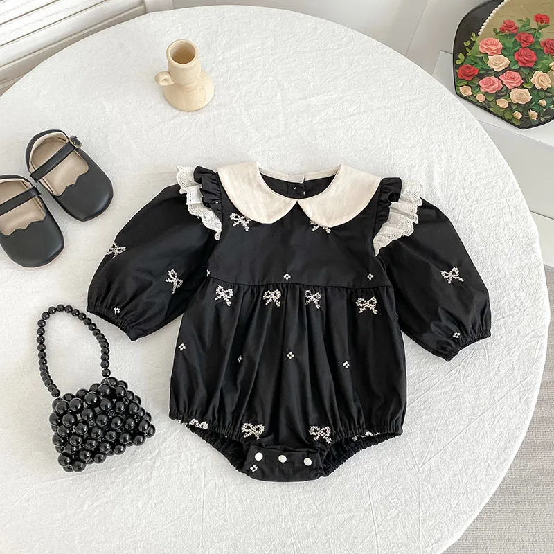 2026 Spring Korean Style Baby Girls Dress with Peter Pan Collar Long Sleeve Romper Toddler Outfit Casual Sister Matching Clothes