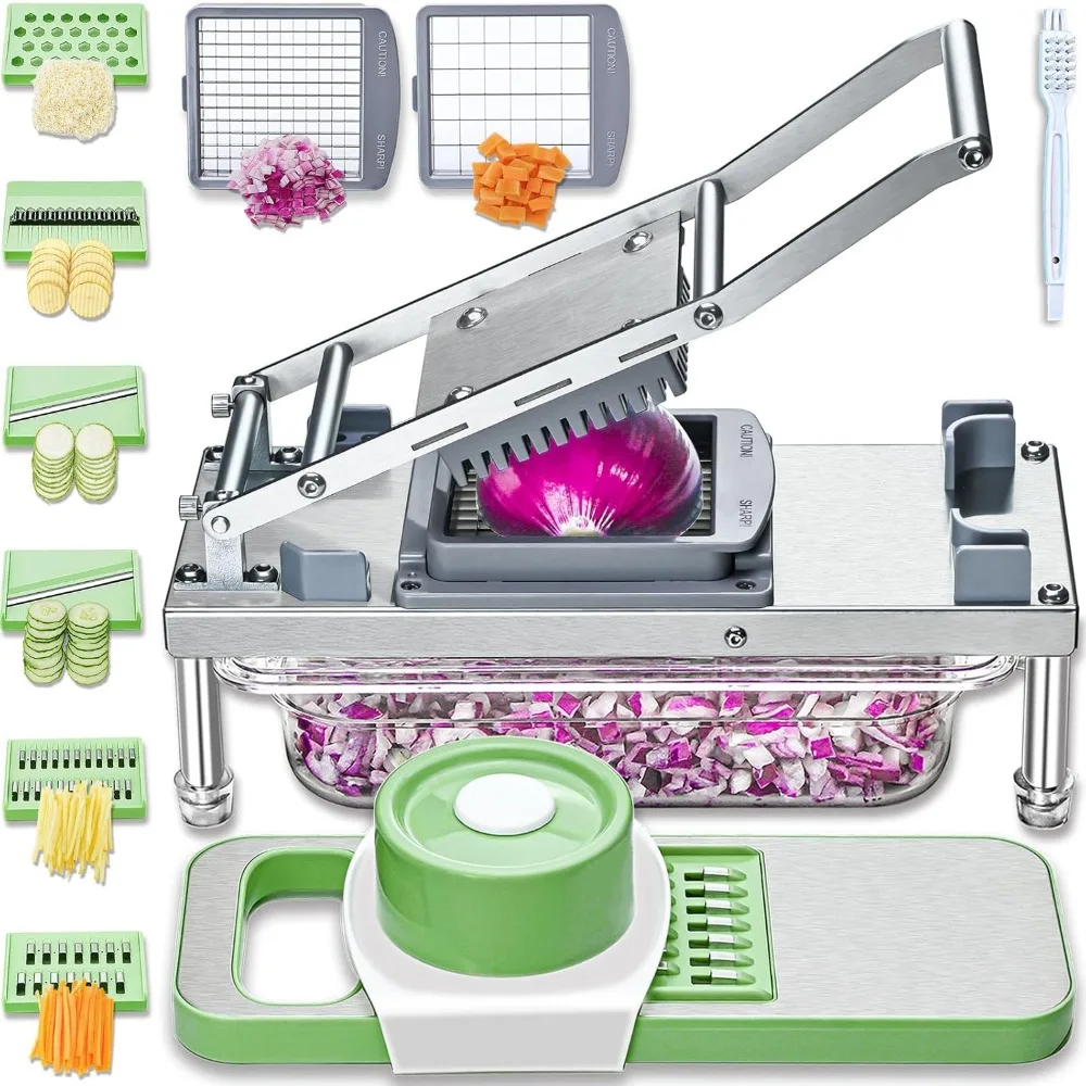 

8-Blade Vegetable Chopper with Container - Mandoline Slicer, Potato Dicer, Cheese Grater - Stainless Steel