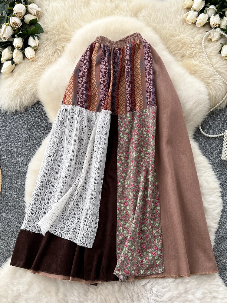 

Women's Flower Print Brown Mid Long Patchwork Skirt Vintage Aesthetic Y2k Mori Girl Skirt Harajuku A-line Skirts 2000s Clothes