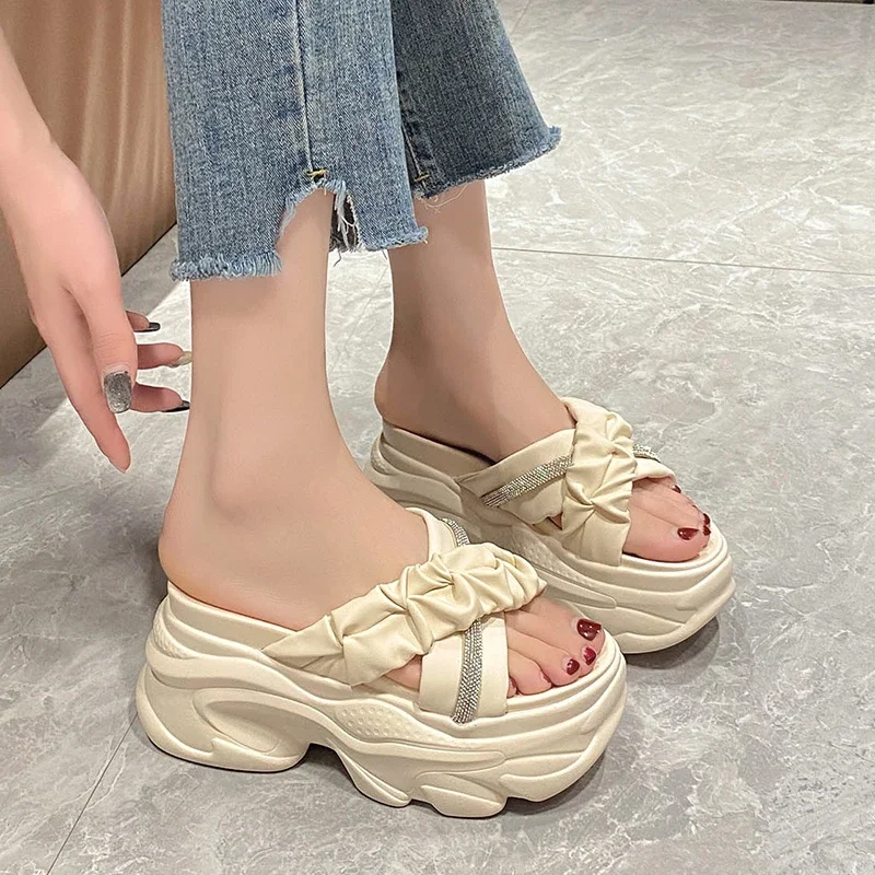 9CM Heels Chunky Slippers For Women Open Toe High Platform Leather Sandals Woman New Summer Thick Bottom Beach Bling Flip Flops