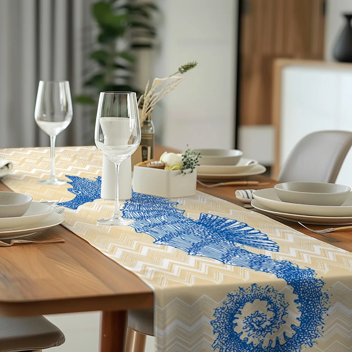 print table runner Blue Seahorse Chevron Style Print Long cloth Party Decor,Tabletop Protection,Dresser Scarf,Decorative Runner