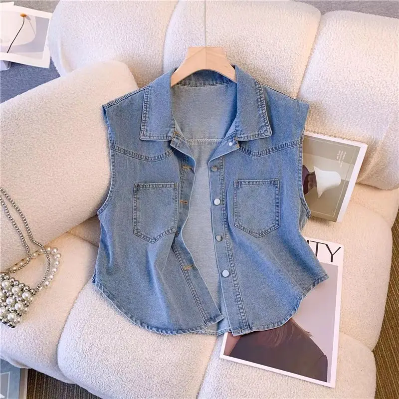 

Vintage short Denim waistcoat female summer new fashion thin Pockets sleeveless jacket women loose jean vest ladies tops T270