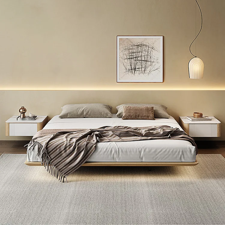 Minimalist suspended bed, bed board, bedside-free bed, new ash wood bed, luxurious and modern with induction lamp solid