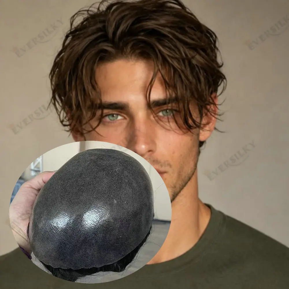 Männliche Haarprothese, 0,1 mm, Poly-Skin-Toupet, Echthaar-Perücken für Männer, Schwarz, Braun, Grau, Haarsystem, Männliche Haarprothese – Detail 6