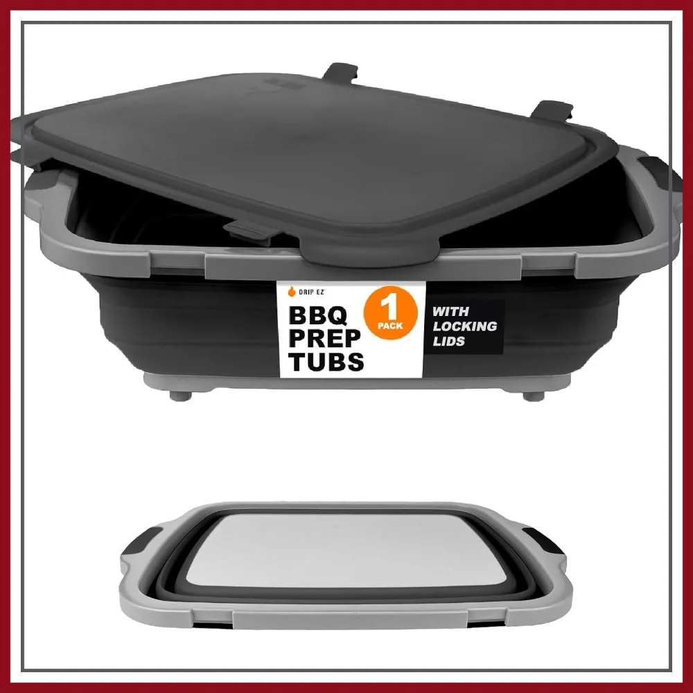 

Collapsible BBQ Prep Tub for Meal Prep & Marinating - Includes Cutting Board & Locking Lid - XL Black