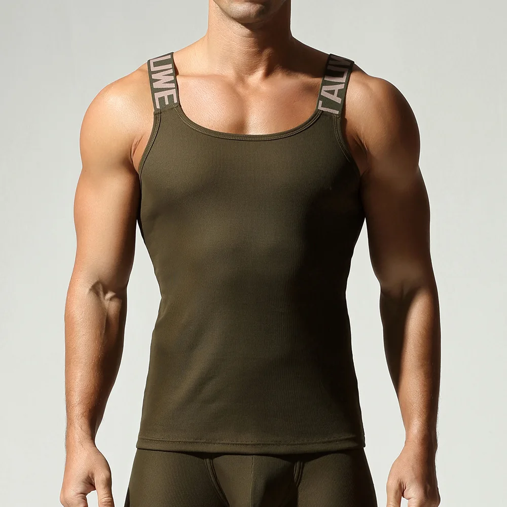 Men's Ribbed Cotton Tank Tops Sleeveless Training Sports Vest Stretchy Letter Straps Camisoles Slim-Fit Comfortable Undershirts