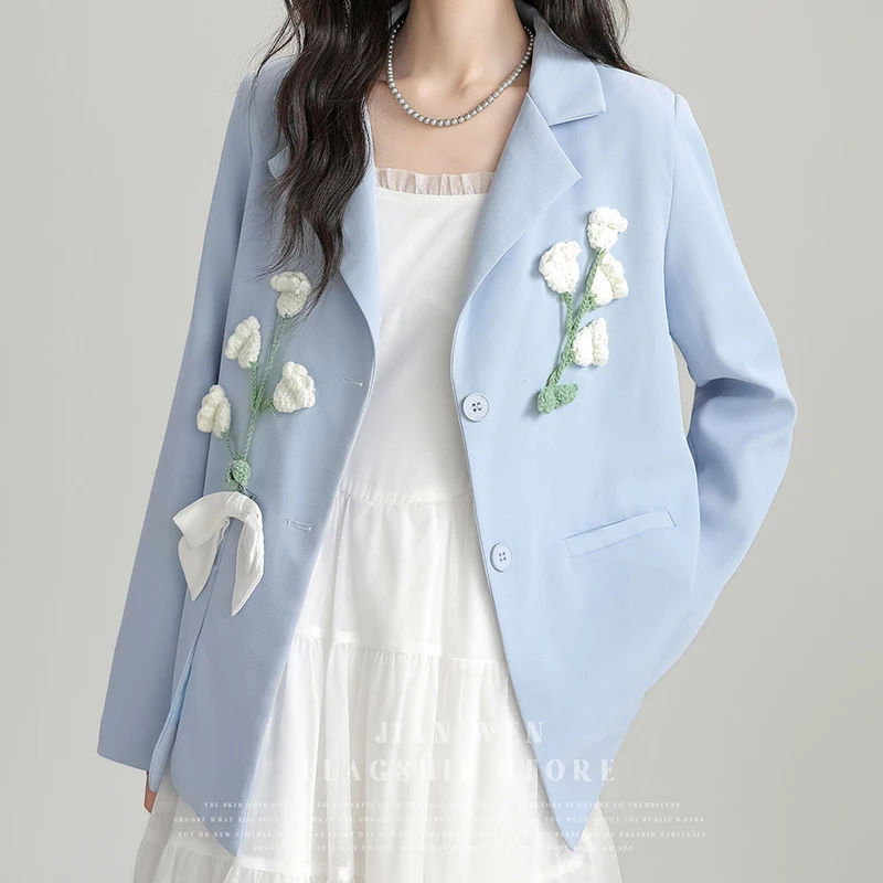 French blue design sense suit jacket women's spring new fashion temperament three-dimensional flowers high sense suit.