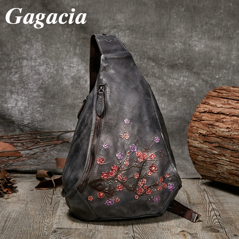 GAGACIA 2024 New Handmade Embossed Floral Women's Retro Chest Bag Lady Genuine Cowhide Leather Crossbody Bags For Women Backpack