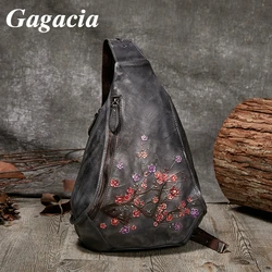 GAGACIA 2024 New Handmade Embossed Floral Women's Retro Chest Bag Lady Genuine Cowhide Leather Crossbody Bags For Women Backpack