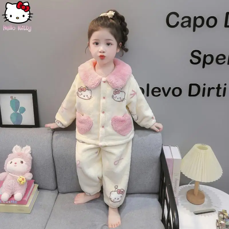 الأطفال مرحبا كيتي الدافئة بيجامة مجموعة الكرتون Kawaii فتاة سانريو الخريف والشتاء جديد أنيمي الأطفال التلبيب سميكة المنزل دعوى