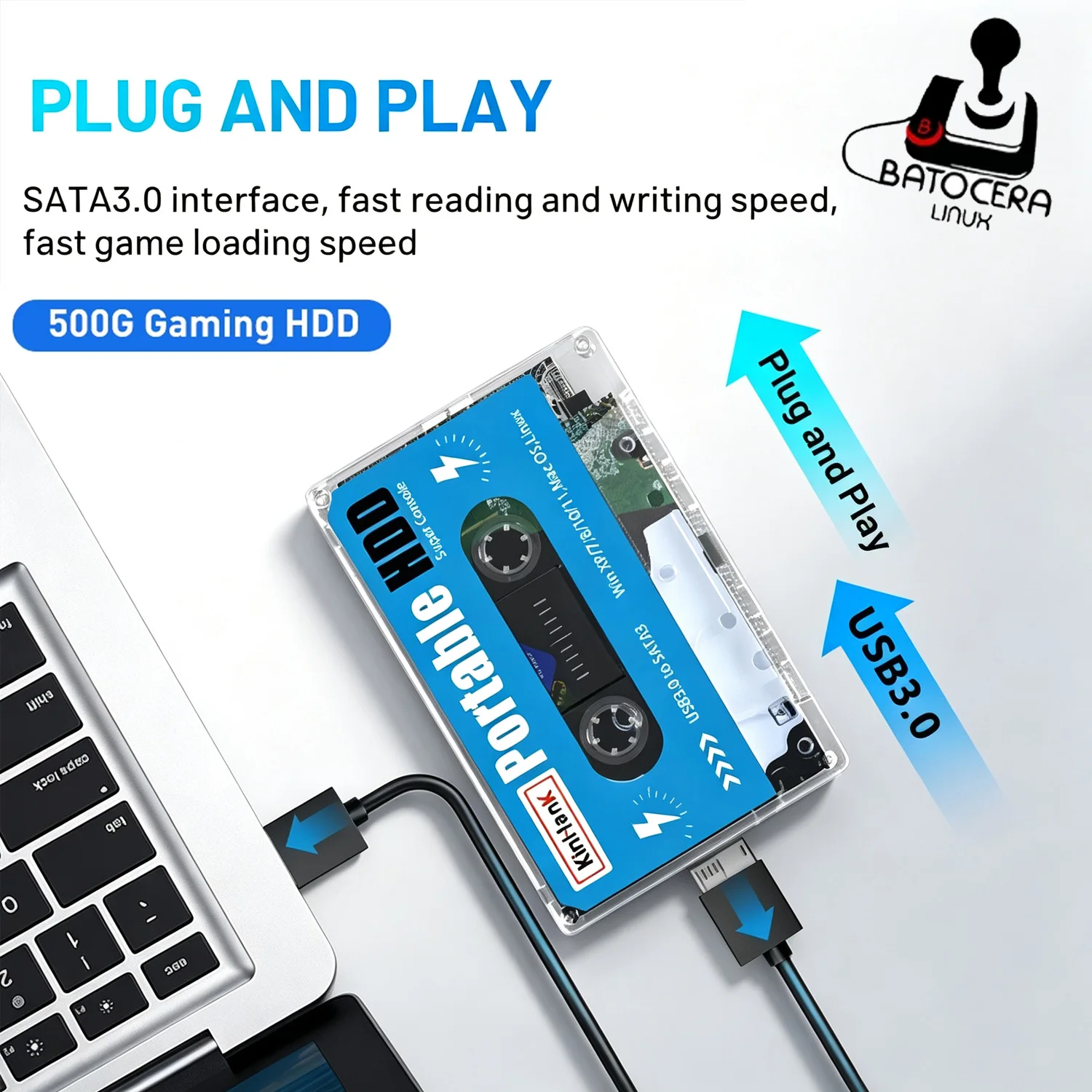 KINHANK 500G Gaming Hard Drive Batocera OS Plug and Play Game HDD 100000 Retro Video Games 70 Emulators for PS2 PS1 DC MAME SS