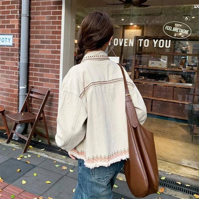 2027 New Women Cream White Denim Jacket Colorful Ethnic Embroidery Lapel Loose Button Down Casual Jean Outerwear Coat
