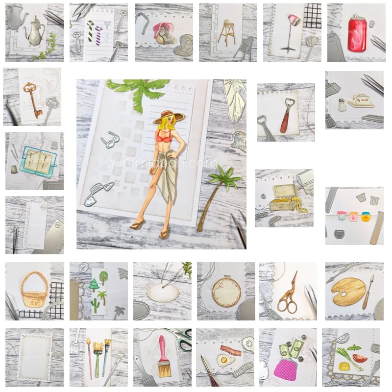 Estuche aguja de coser dedal decoración llave pintura tijeras abridor lata de refresco troquel de corte de Metal sello álbum de recortes plantilla foto DIY