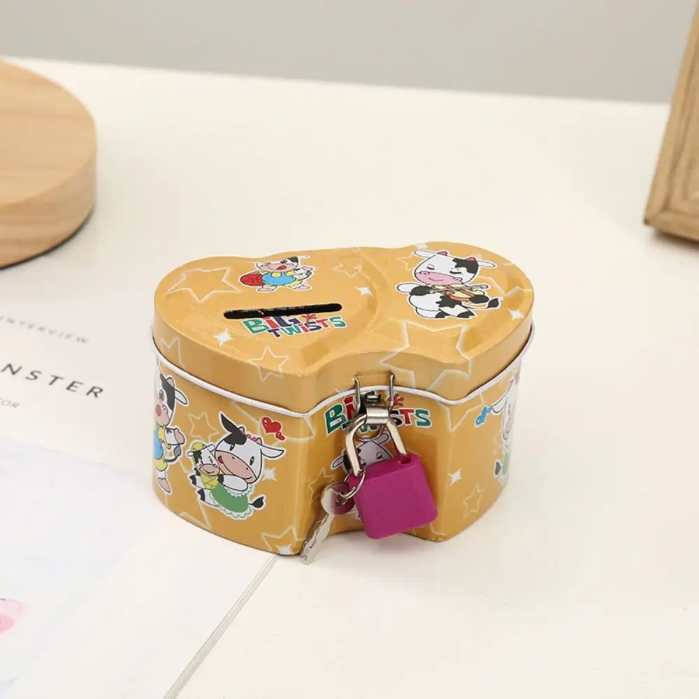 With Lock and Key Tinplate Piggy Bank Cartoon Print Design High Capacity Coin Savings Box Cute Iron Art Kids Storage Jar