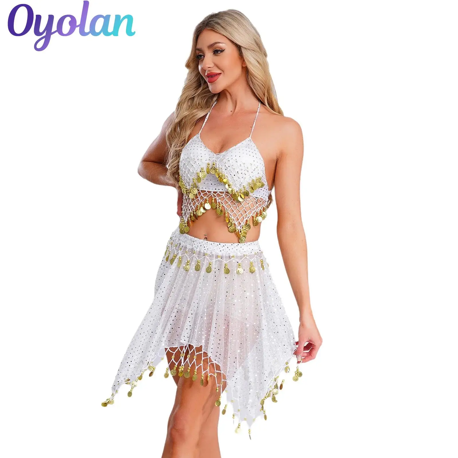 

Womens Indian Egyptian Folk Belly Dance Performance Costume Stage Outfits Tassel Sequined Sheer Mesh Lace-up Crop Top And Skirt
