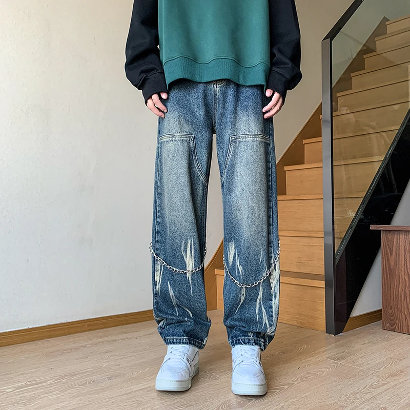 Мужская новая техническая одежда, модные брендовые качественные мешковатые джинсы с градиентом цвета, мужские винтажные брюки-карго в стиле хип-хоп с цепочкой High Street