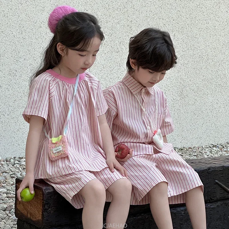 

Korean Children Clothes Boy and Girl Two Piece Kids Top and Shorts Suit Sets Twinning Brother Sister Matching Sibling Outfits