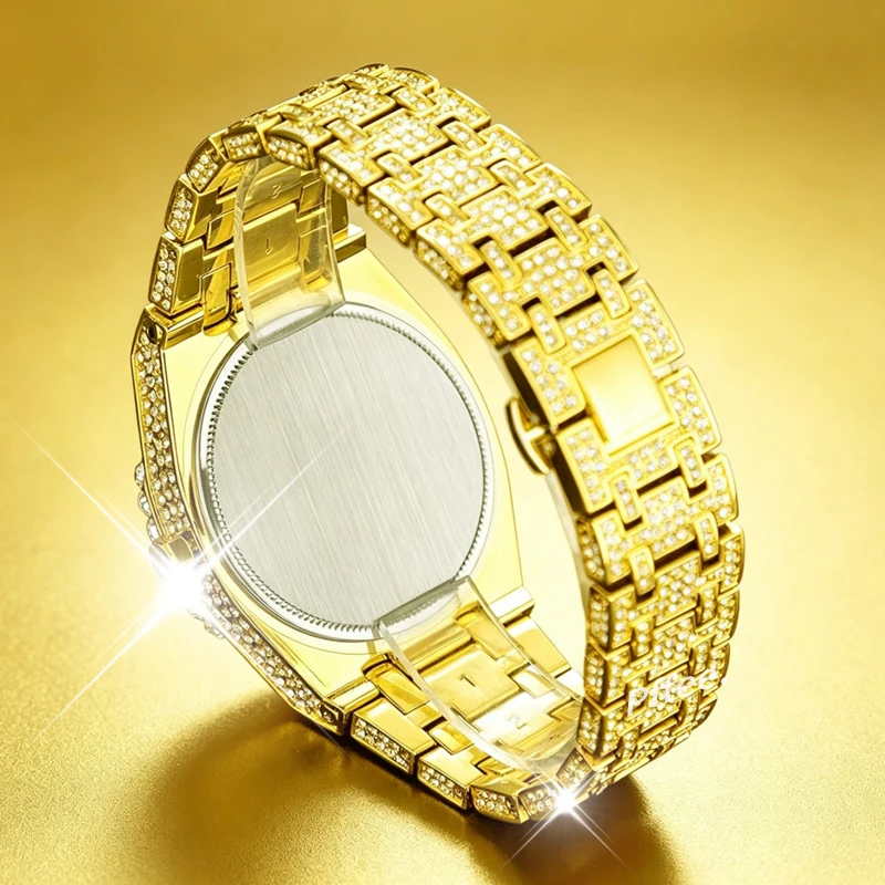 Pffee 18K Gold Quartz Watches For Men Octagonal Luxury Diamond Man Silver Watch With Big Zircon Bezel Fashion Hip Hop Hand Clock