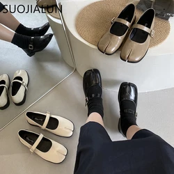 SUOJIALUN Spring New Brand Women Flat Shoes Fashion Split Toe Laofer Shoes Soft Flat Heel Ladies Casual Outdoor Mary Jane Shoes