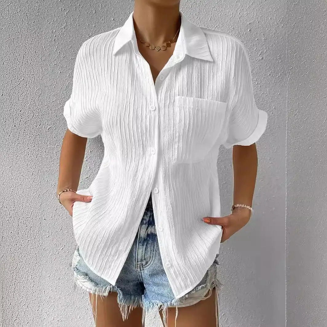 New 2025 Women's Pure Color Spring Summer Cotton Linen ort Sve irt with ket European Sle Faion Ladies' Blouse