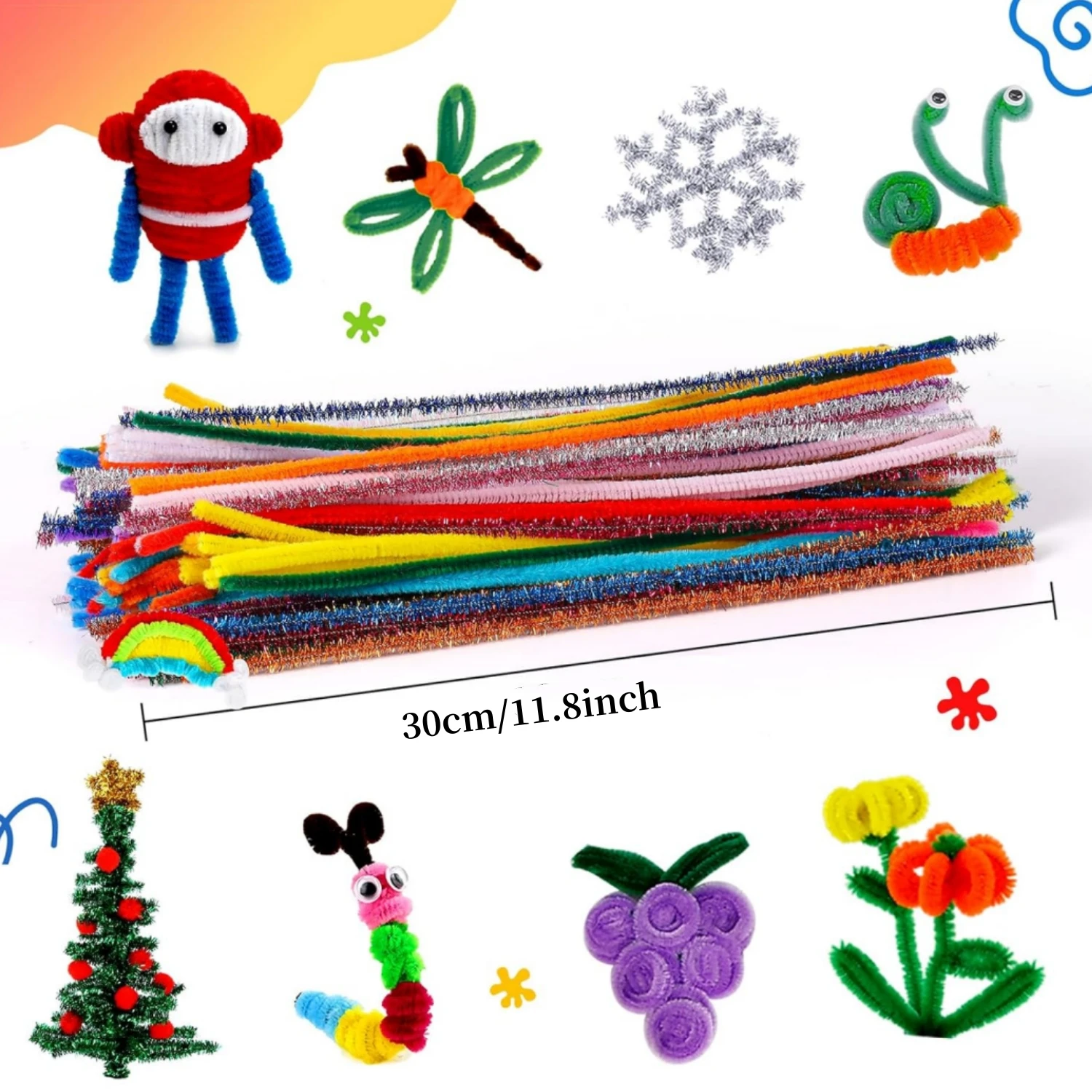 101/201/501Pcs Multi-Color Pipe Cleaners Craft Kit, with Tutorial Card, DIY Craft Supplies for Art Decoration & Handmade Projects