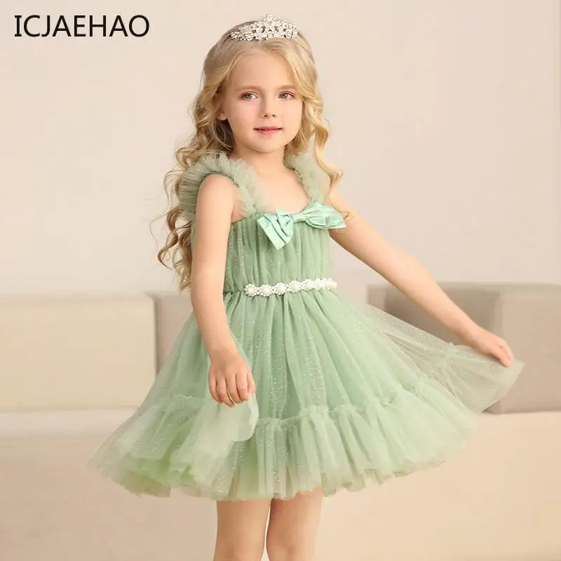 

ICJAEHAO 2024 Baby Dress For Girl Sleeveless Sling Dresses Pleated Ball Gown Sweet Girl Children Birthday Party Cost Girls Dress