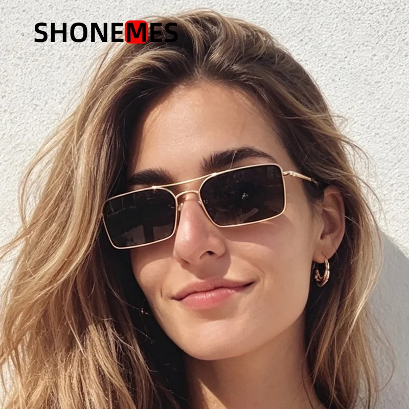 Shonemes Rectangle Sunglasses Vintage Women Shades Metal Frame Outdoor UV400 Sun Glasses Silver Grey Brown for Female