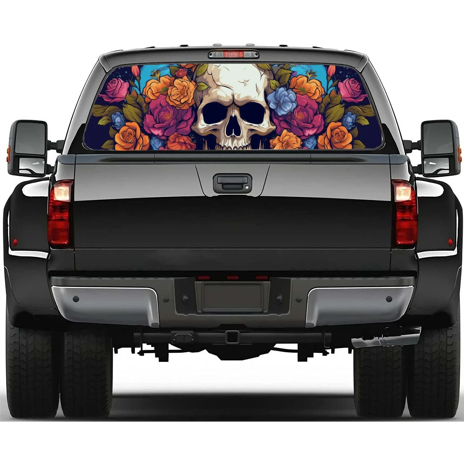 

Наклейка на заднее окно с цветком черепа, подходит для пикапа, грузовика, автомобиля, универсальная прозрачная перфорированная виниловая наклейка на заднее окно