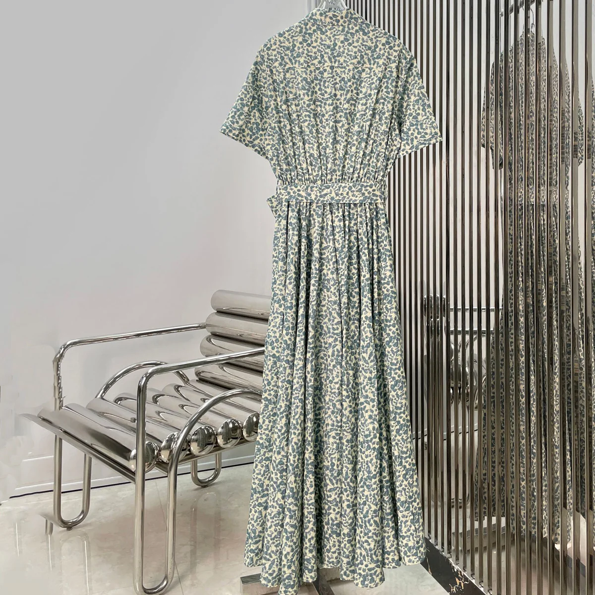 High Quality Women Floral Print Maxi Dress Lapel Collar Short Sleeve Waist Tie Belt Pleated Long Dress lyt133569
