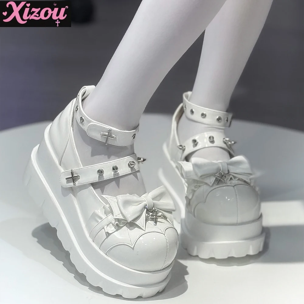 Chaussures à plateforme foncée pour femmes, Style Punk japonais, doux et Cool, nœud Lolita, sous-culture Y2k, tête ronde, chaussure unique pour étudiantes