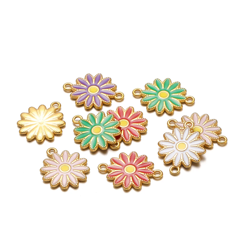 5Pcs Stainless Steel Enamel Gold Color Small Daisy Flower Charms Pendants for DIY Jewelry Making Earrings Necklace Accessories