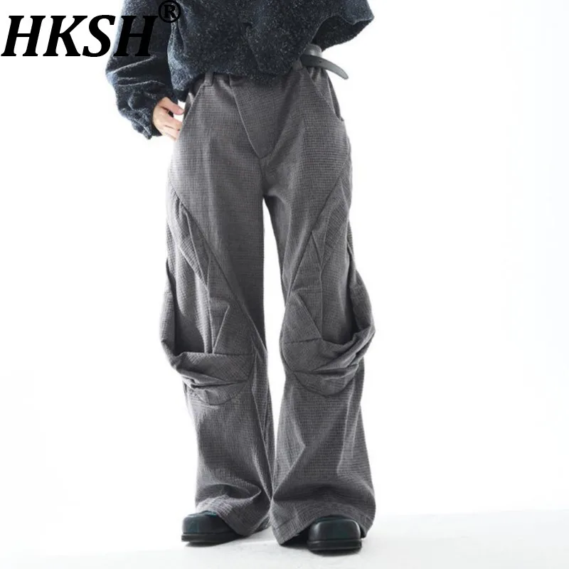 HKSH Spring Autumn New Men High Street Pleated Patchwork Deconstructed Texture Loose Niche Design Casual Wide-Leg Pants HK18499