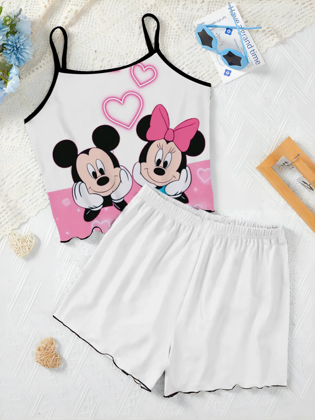 Disney-conjuntos curtos femininos, vestido para casa, saia de pijama, camiseta Mickey, guarnição de alface, Minnie Mouse, terno elegante, 2 peças