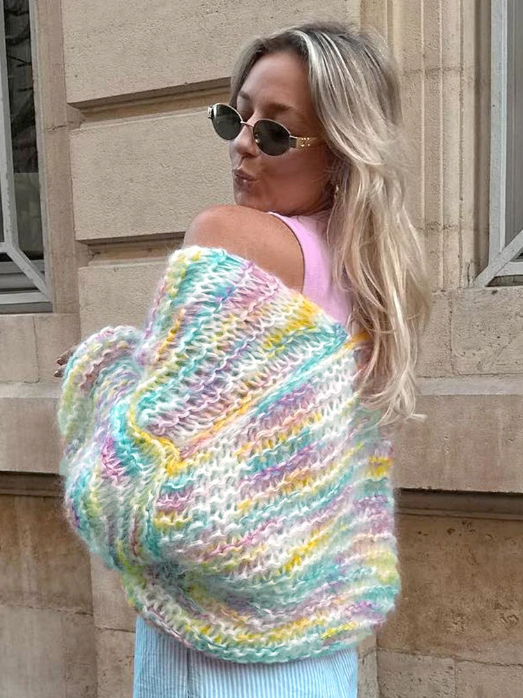 Bolopi Rainbow Sweaters Cardigan 2023 Women New In Long Lantern Sleeve Y2K Outfits Streetwear Rave Tees Coats