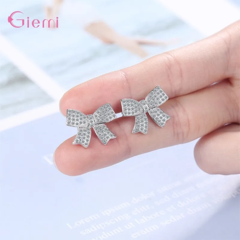 Hot Sale 100% 925 Sterling Silver Fashion Female Earrings Cute Pretty Shinning Zircons Lovely Bow Stud Earrings For Girls