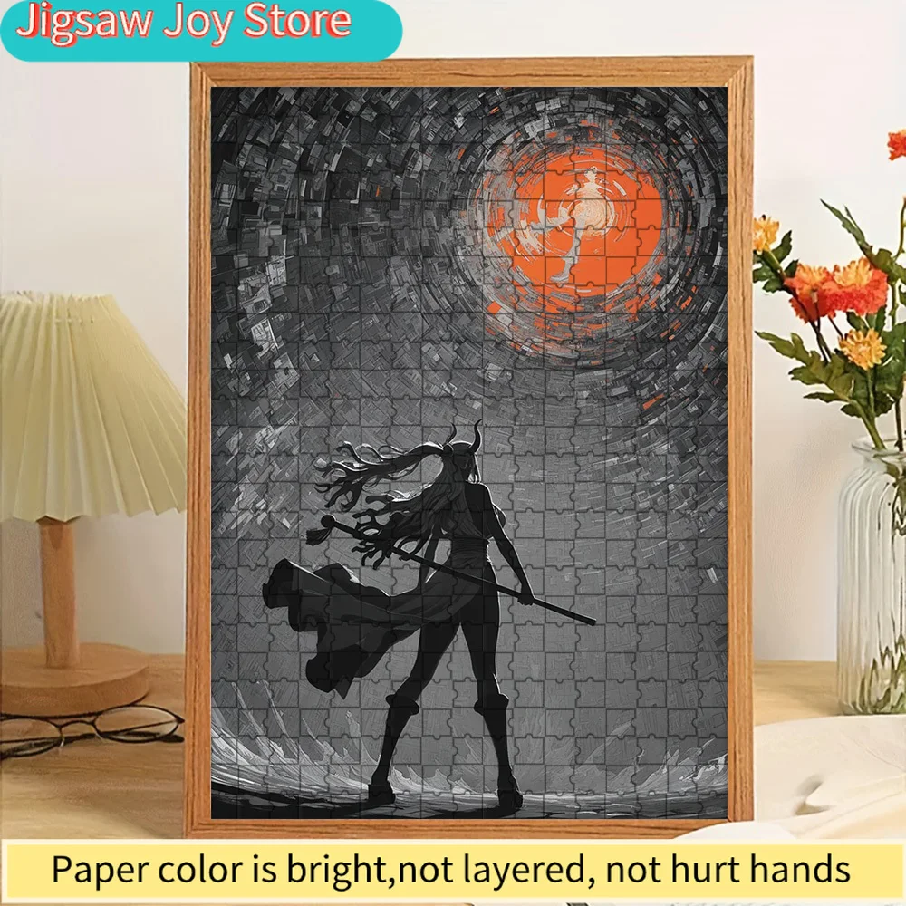 

Anime Female Horned Warrior Silhouette with Katana, Swirling Black & Orange Sun Energy Background Art Paper Jigsaw Puzzle, Myste