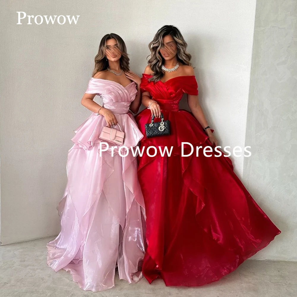 Prowow-vestido de noche árabe modesto, rojo y rosa, plisado de Organza de seda, vestido de fiesta de boda personalizado para mujer, vestido Formal largo de línea A